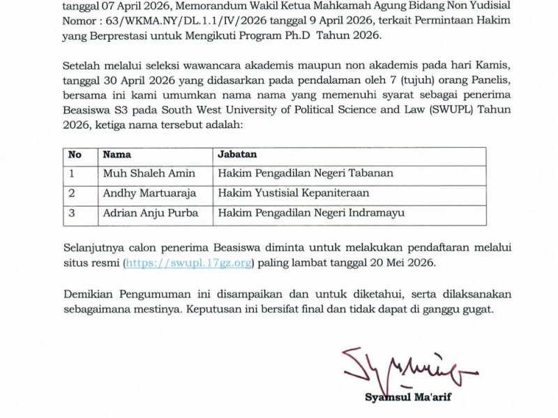 Selamat! 3 Hakim Terpilih Beasiswa Program Ph.D SWUPL China