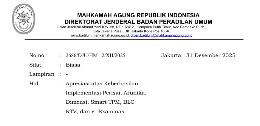 Apresiasi Badilum Atas Keberhasilan Implementasi Perisai, Arunika, Dimensi, Smart TPM, BLC RTV, & e-Examinasi.