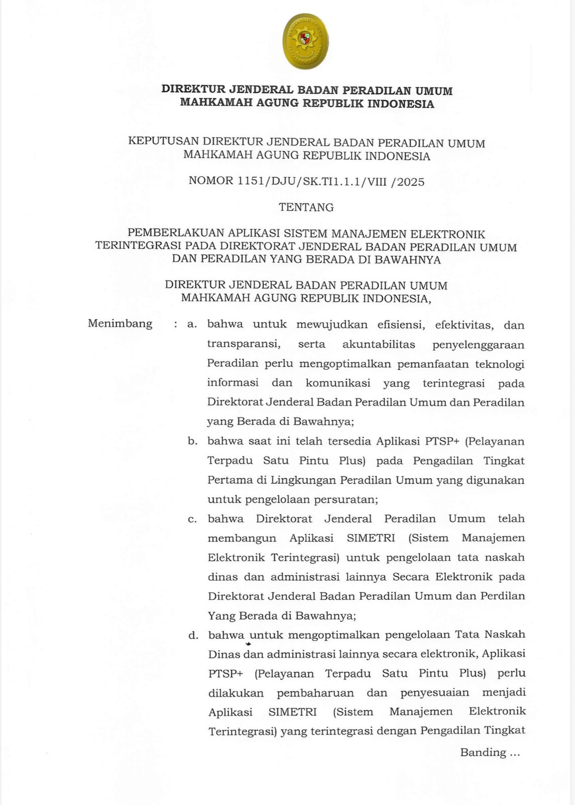 Badilum Berlakukan Aplikasi SIMETRI:  PTSP+ dan Aplikasi Serupa Dihentikan
