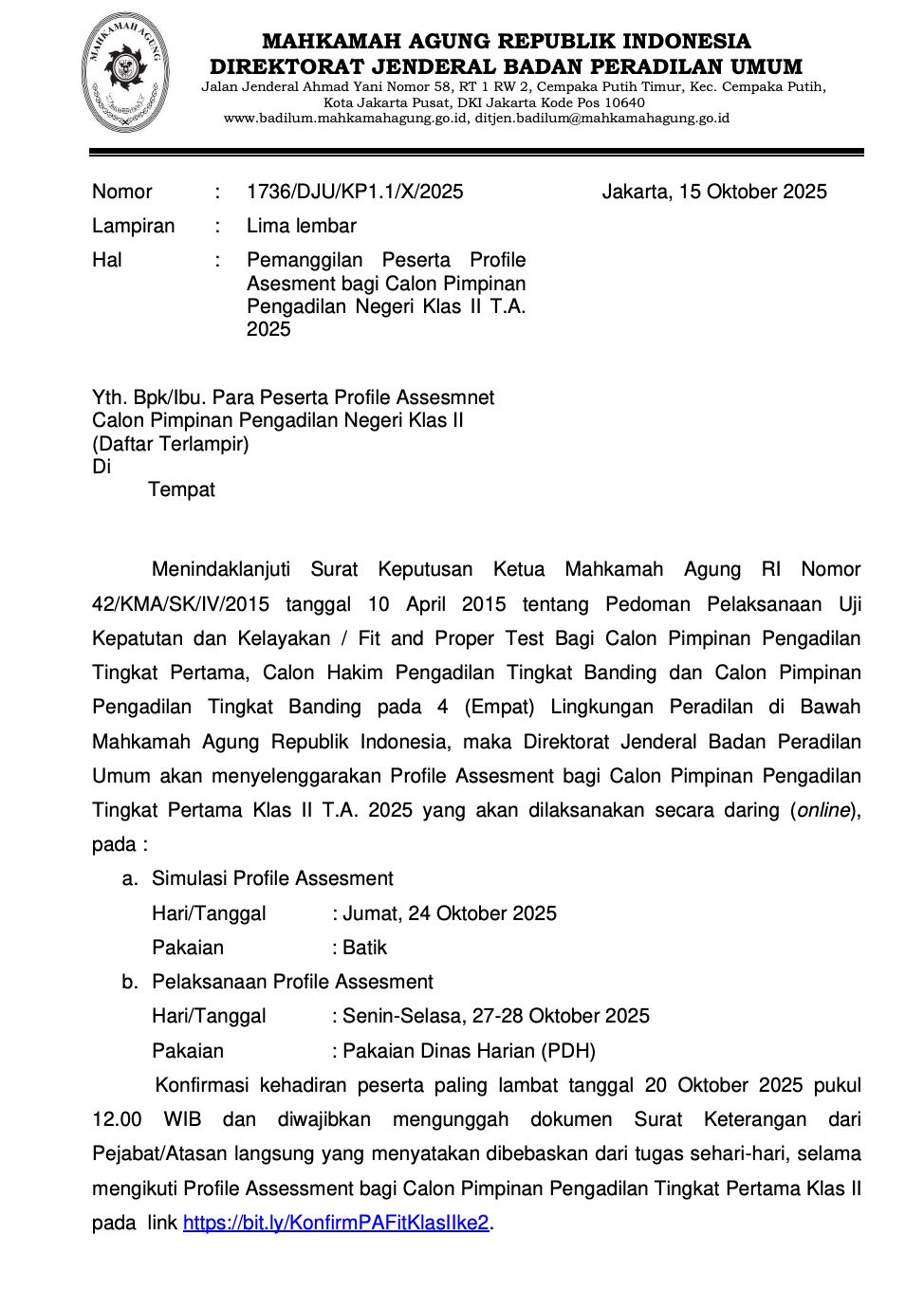 Badilum Panggil 100 Hakim Ikuti Profile Assessment Calon Pimpinan PN Kelas II