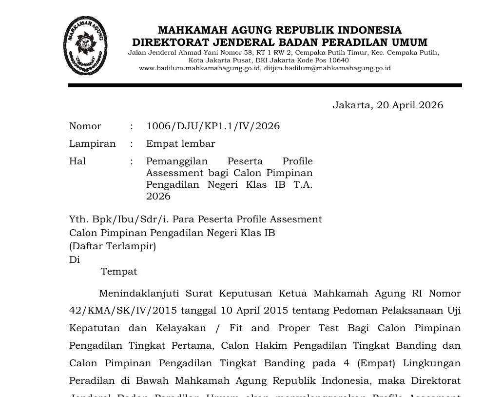 Badilum Panggil Peserta Profile Assesment Calon Pimpinan PN Kelas IB