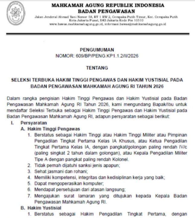 Bawas MA Buka Seleksi Terbuka HT Bawas & Hakim Yustisial Tahun 2026