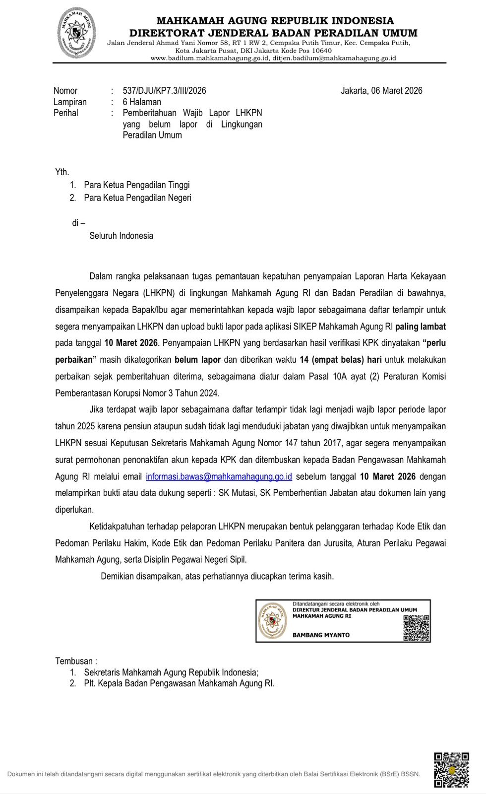 Ditjen Badilum Ingatkan Kembali Kewajiban Lapor LHKPN