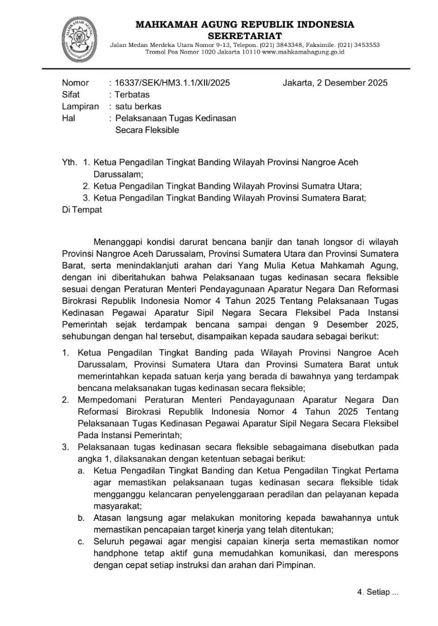 MA Berlakukan Tugas Kedinasan Secara Fleksibel Bagi Satker Terdampak Bencana