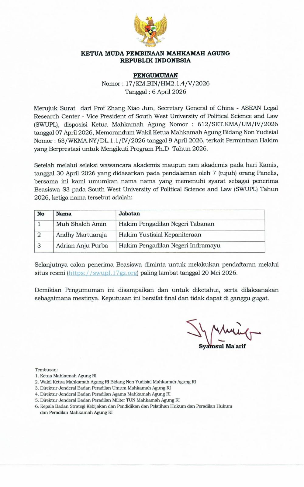 Selamat! 3 Hakim Terpilih Beasiswa Program Ph.D SWUPL China